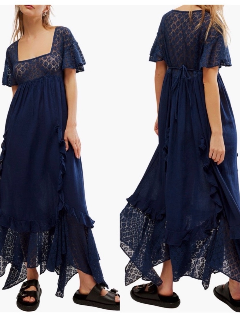 Free People Navy Blue Bring the Romance Handkerchief Hem Maxi Dress Women Small